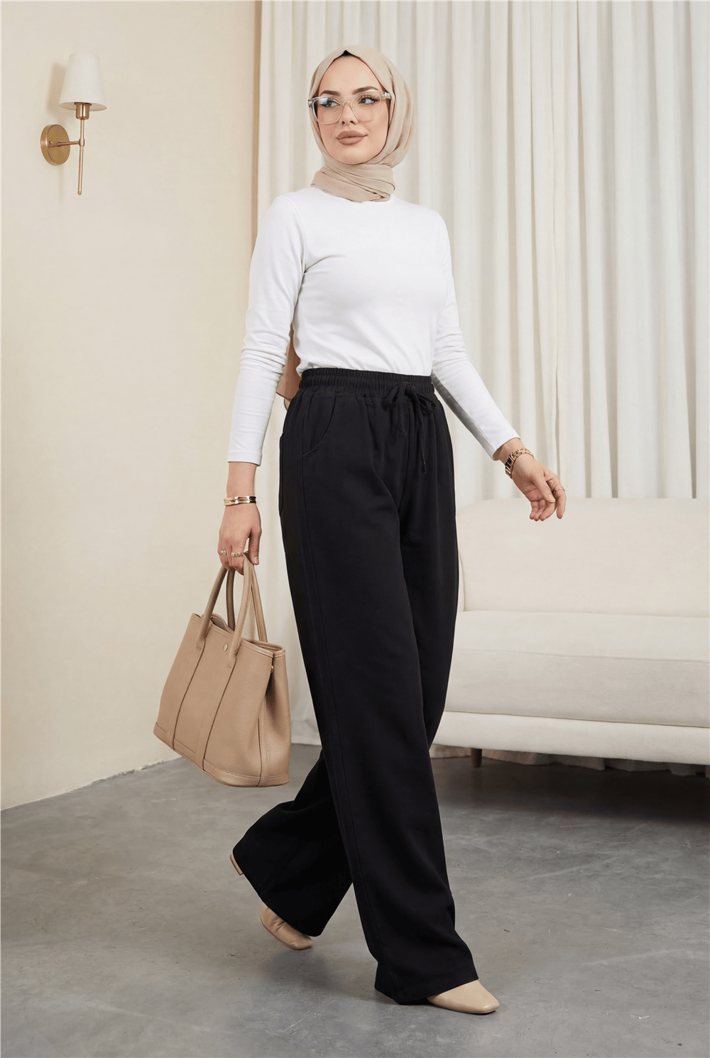 Beli Lastikli Cepli Bol Paça Pantolon  -Siyah-Kot Pantolon-136-0840-R01