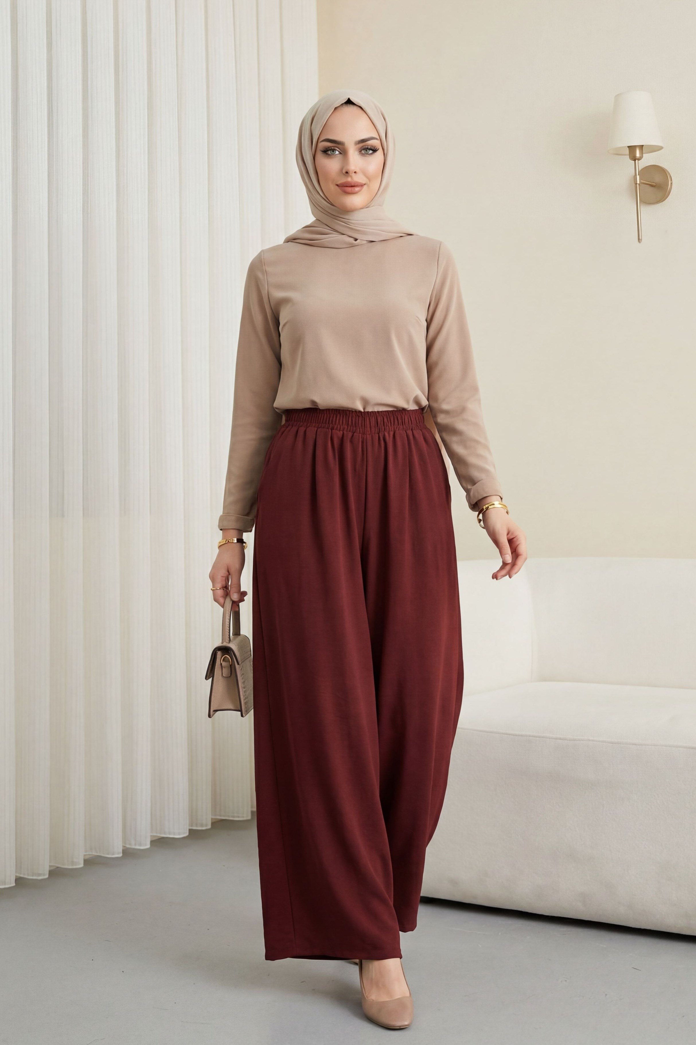 Beli Lastikli Cepli Modal Etek Pantolon -Bordo