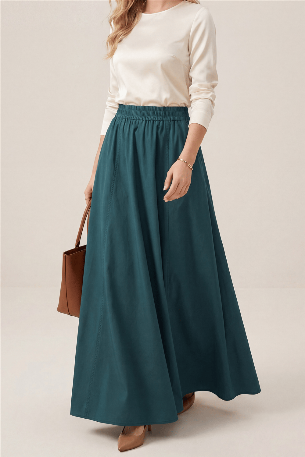 Beli Lastikli Çift Cepli Poplin Kloş Etek           -Zümrüt-Etek-327-5018-R17