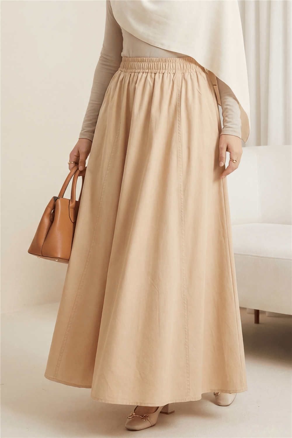 Beli Lastikli Çift Cepli Poplin Kloş Etek          -Somon-Etek-327-5018-R13