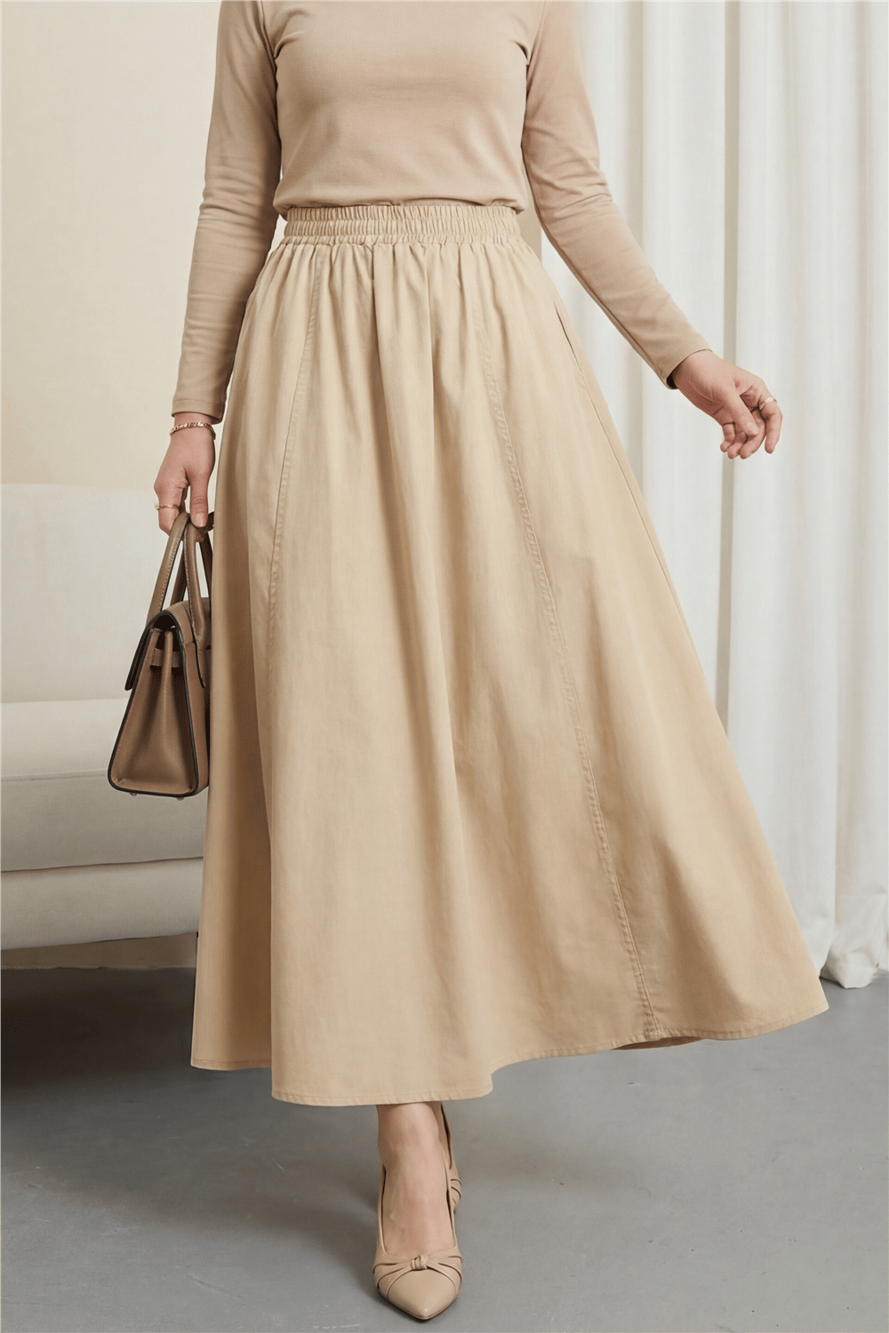 Beli Lastikli Çift Cepli Poplin Kloş Etek        -Sarı-Etek-327-5018-R22