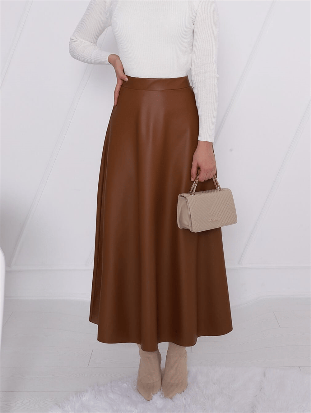Beli Lastikli Düz Deri Etek -Taba-Deri Etek-349-5060-R12