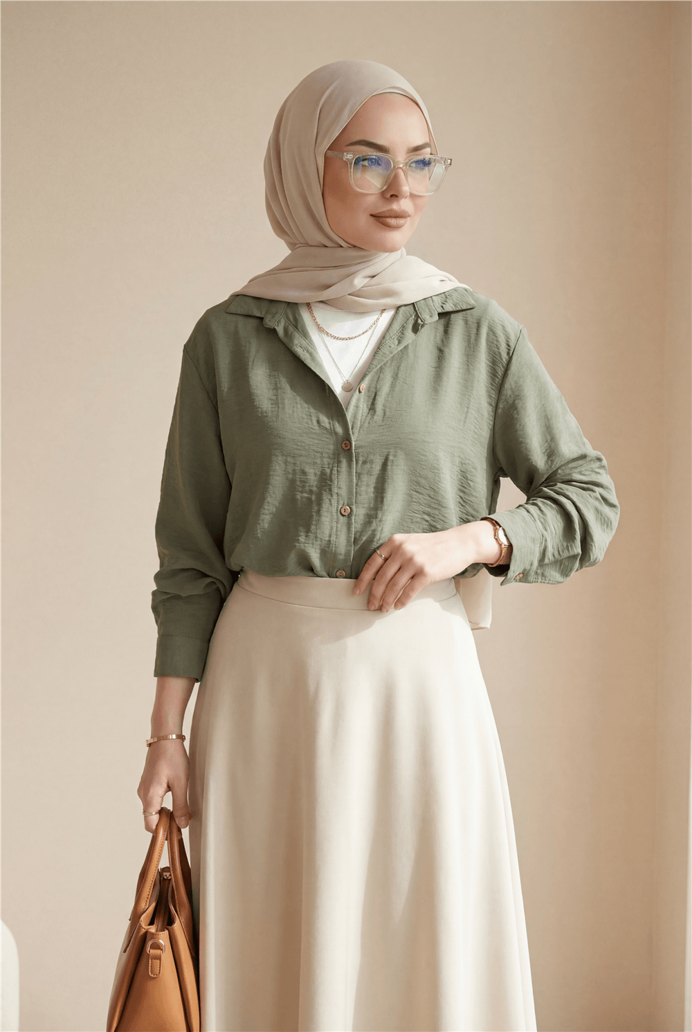 Etek-Beli Lastikli İthal Likralı Krep Kloş Etek -Bej-400-10057-R56
