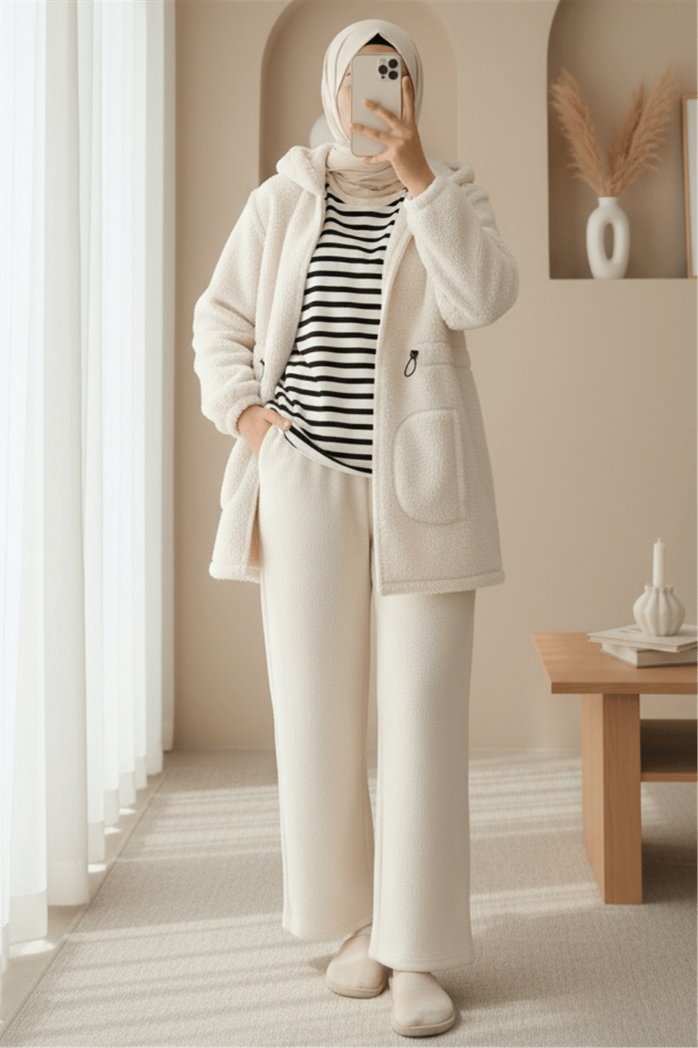 Beli Lastikli Kapşonlu Fermuarlı Peluş Mont  -Bej-Mont-349-6039-R56