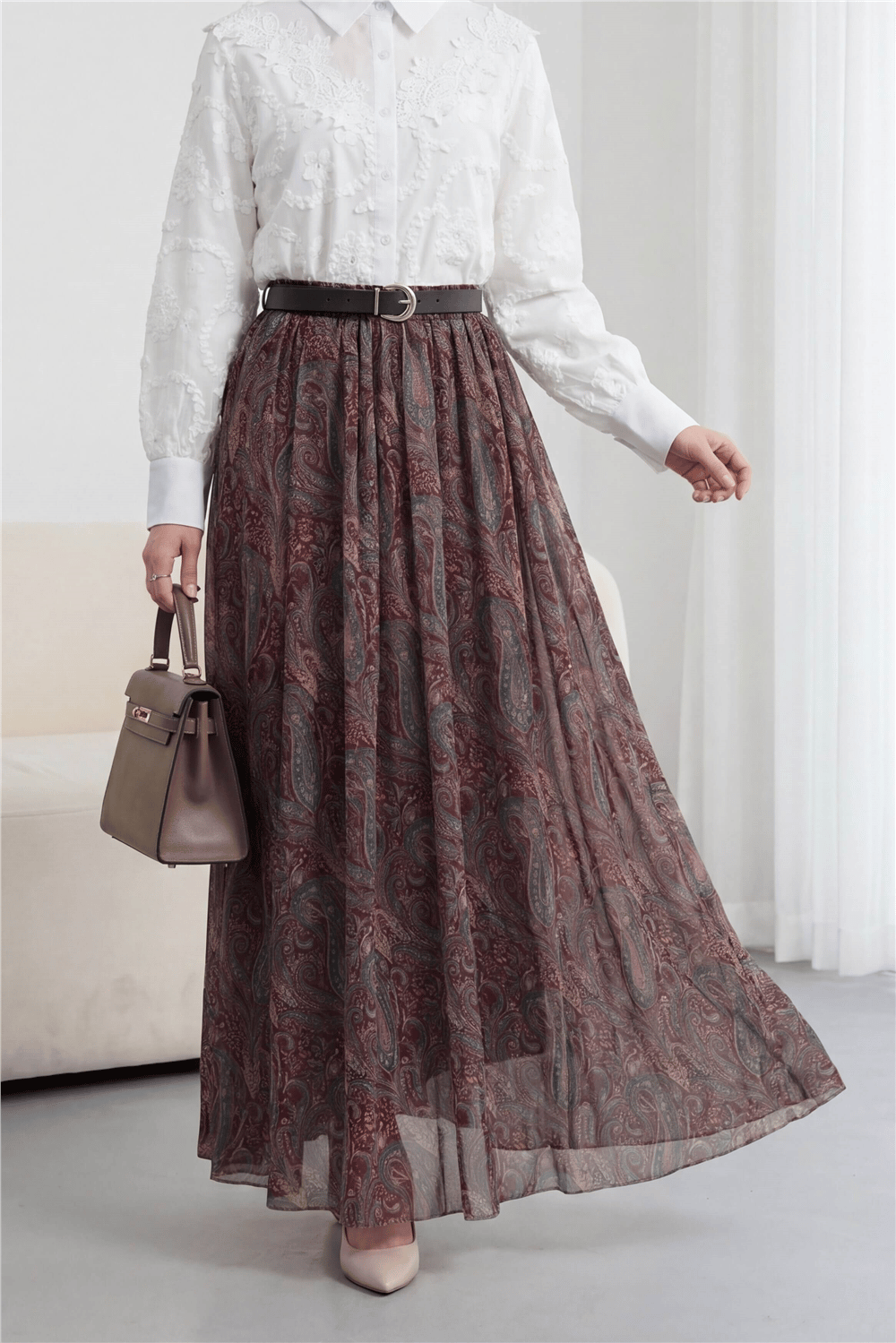 Beli Lastikli Kemerli Astarlı Desenli Tül Etek -Bordo-Etek-253-13175-R04