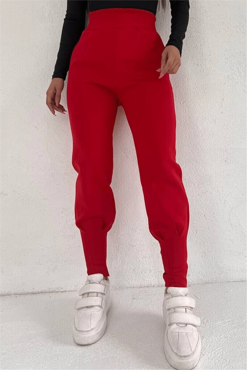 Beli Lastikli Paçası Dikişli Cepli Scuba Pantolon -Kırmızı-Dar Paça Pantolon-358-9935-R33