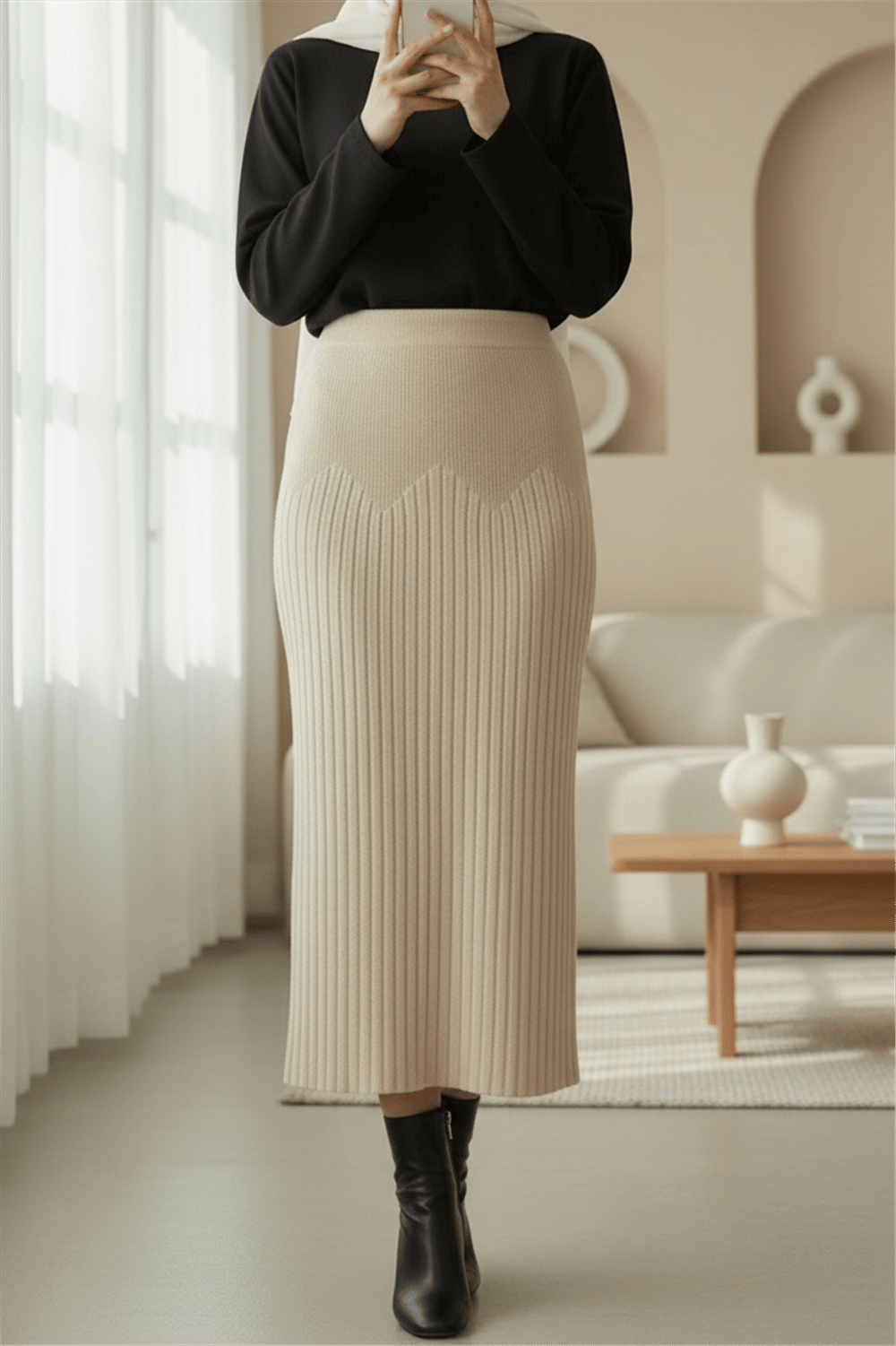 Beli Lastikli Pliseli Triko Etek -Krem-Etek-307-4001-R28