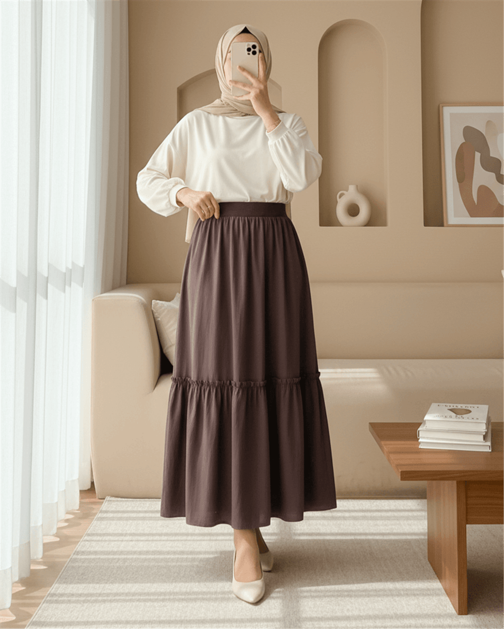 Beli Lastikli Poplin Etek -Kahve-Etek-346-3064-R15