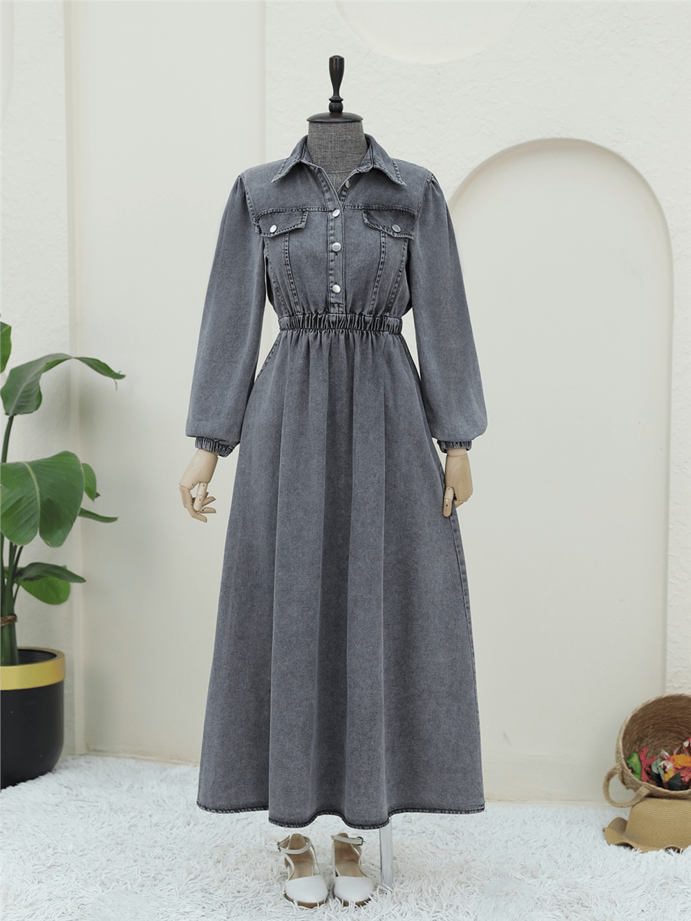 Beli Lastikli Yarım Düğmeli Kot Elbise -Füme-Elbise-197-6111-R18