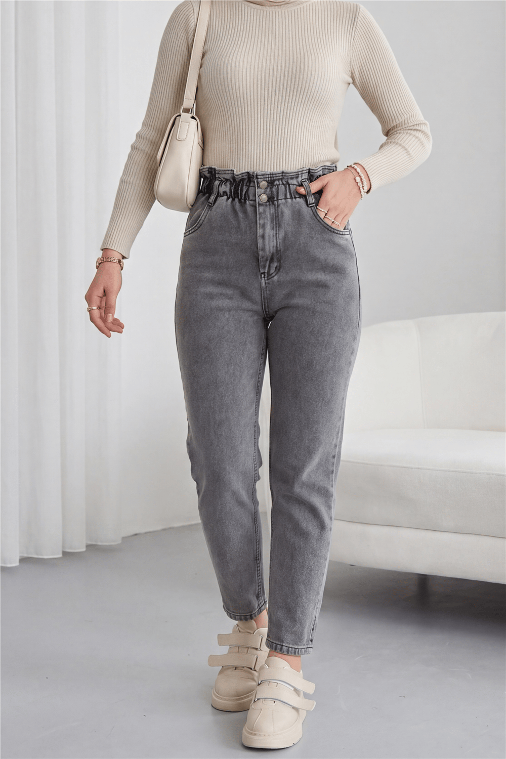 Beli Lastikli Yüksek Bel Kot Pantolon -Gri-Kot Pantolon-318-4813-R11