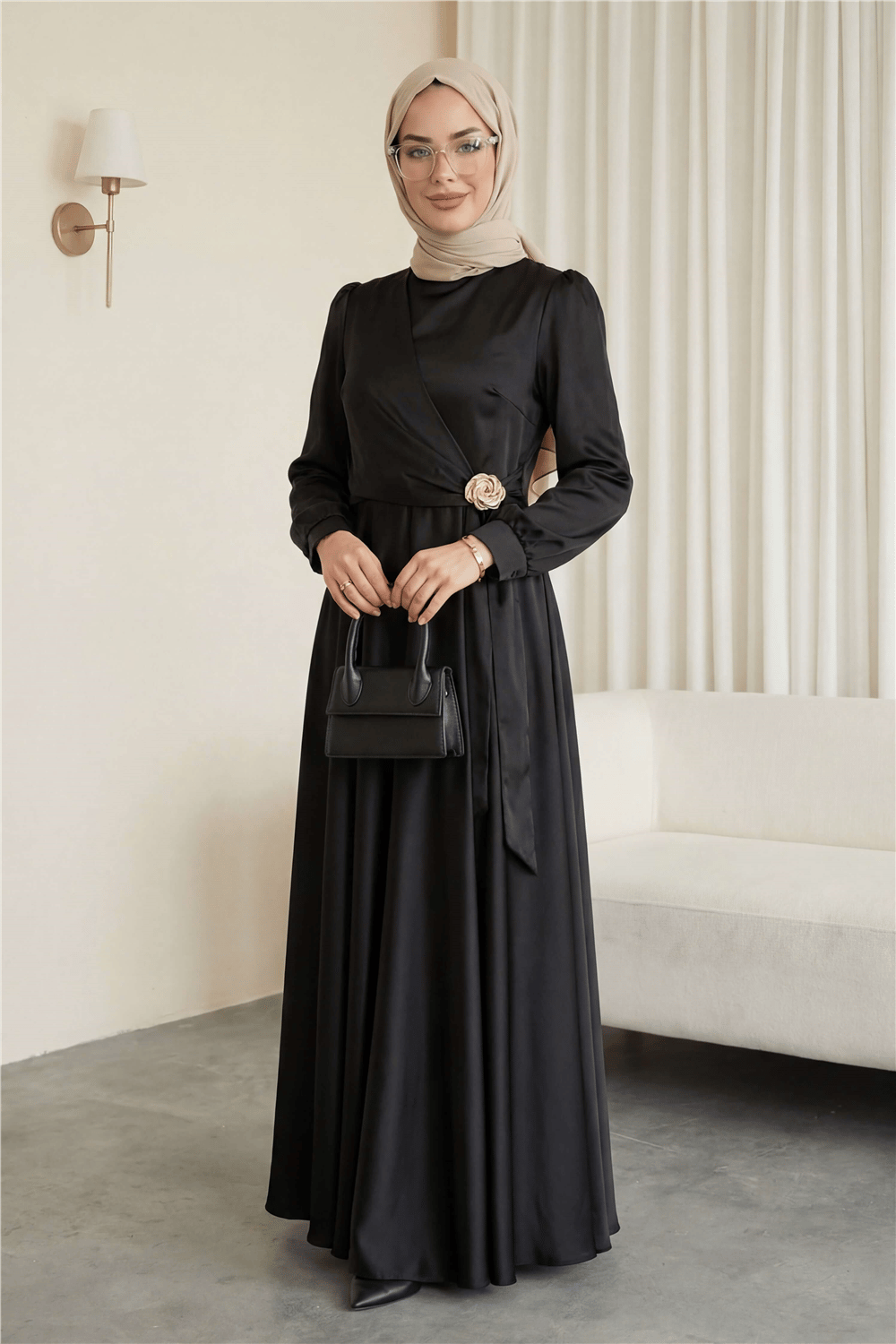 Beli Yandan Bağcıklı Tokalı Saten Abiye -Siyah-Abiye-316-4896-R01