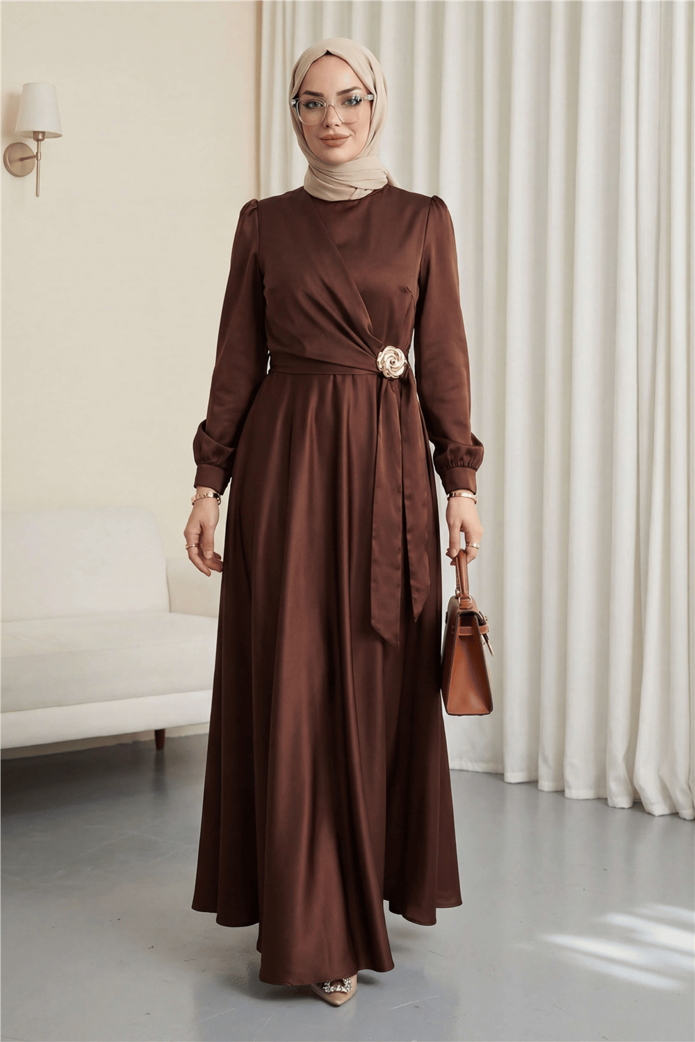 Beli Yandan Bağcıklı Tokalı Saten Abiye -Kahve-Abiye-316-4896-R15