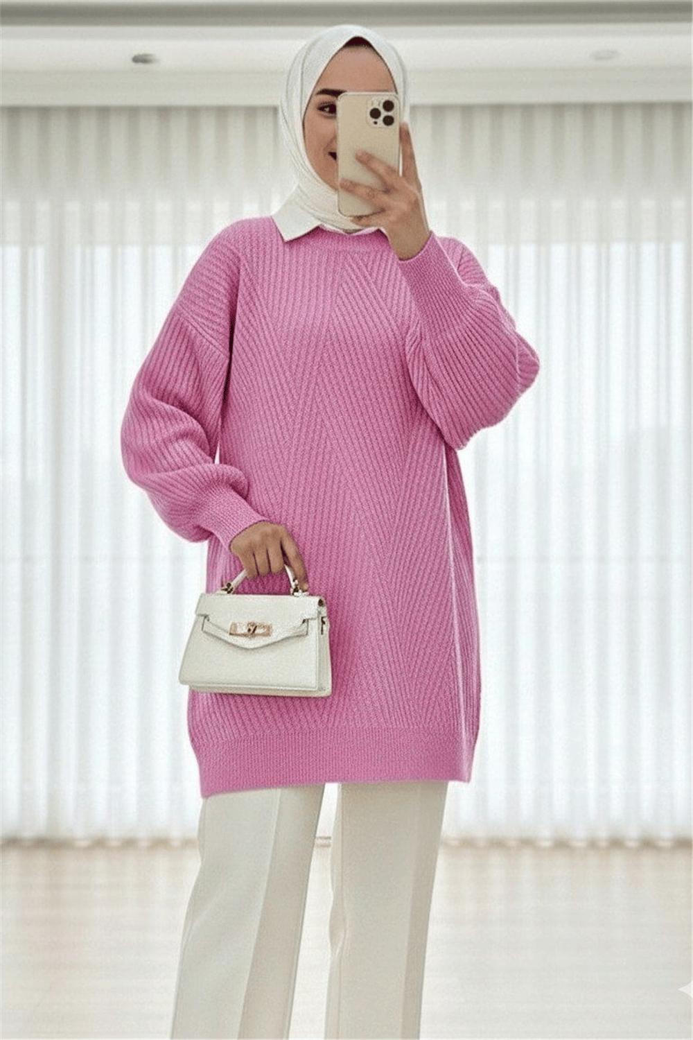 Bisiklet Yaka Baklava Desen Triko Kazak          -Pembe-Kazak-109-0023-R20