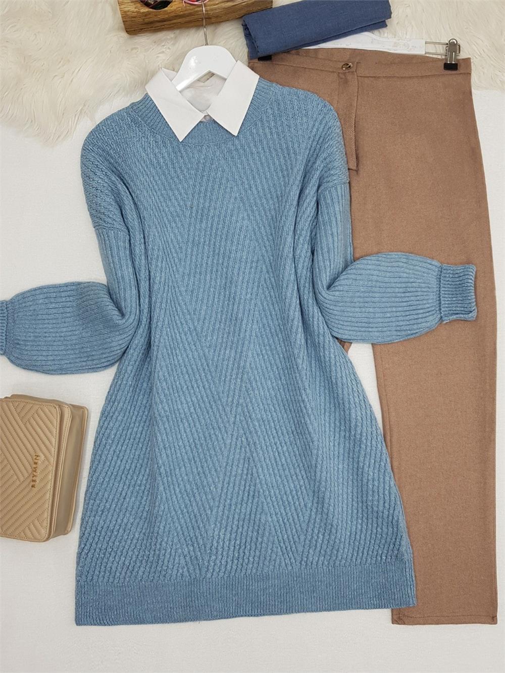 Bisiklet Yaka Baklava Desen Triko Kazak -Mavi-109-0023-R31