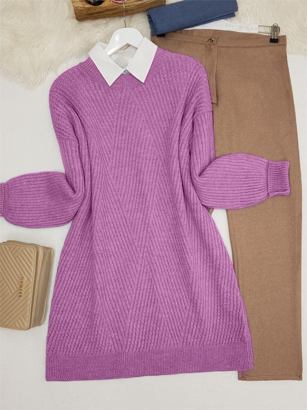 Bisiklet Yaka Baklava Desen Triko Kazak     -Mor-109-0023-R34