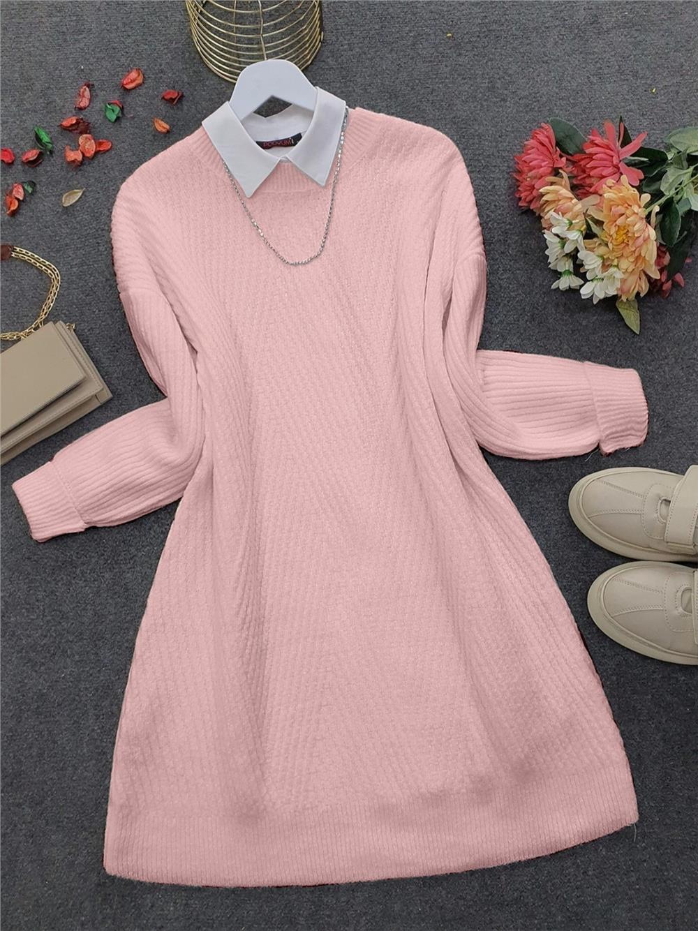 Bisiklet Yaka Baklava Desen Triko Kazak       -Somon-109-0023-R13