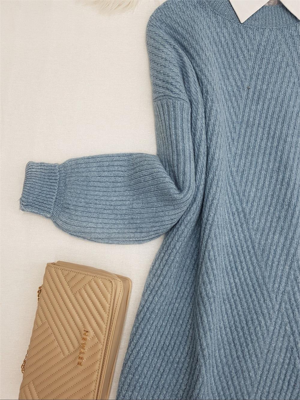 Bisiklet Yaka Baklava Desen Triko Kazak -Mavi-109-0023-R31