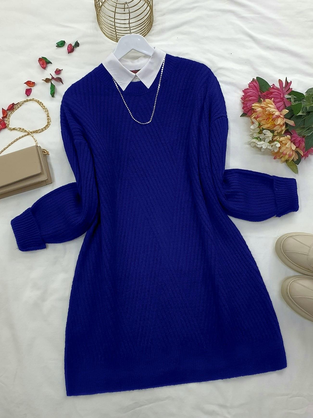 Bisiklet Yaka Baklava Desen Triko Kazak      -Saks