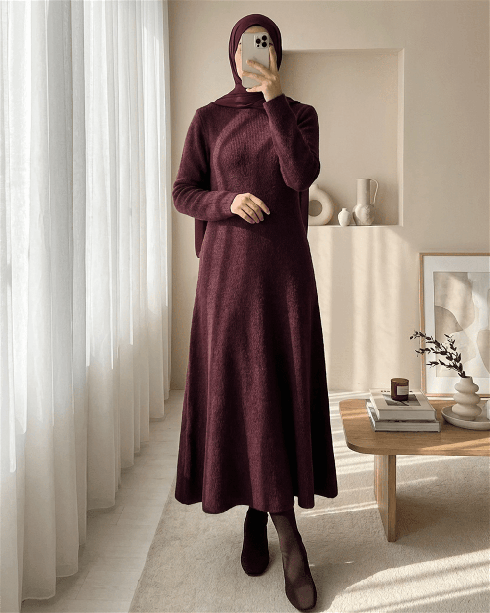 Bisiklet Yaka Beli Oturtmalı Yumoş Triko Elbise  -Mürdüm-Elbise-109-0959-R09