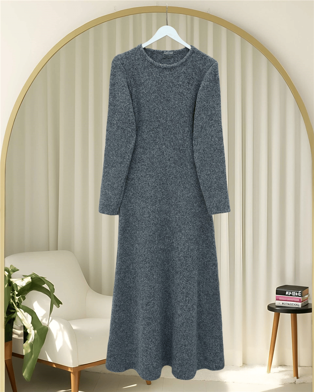 Bisiklet Yaka Beli Oturtmalı Yumoş Triko Elbise -Füme-Elbise-109-0959-R18