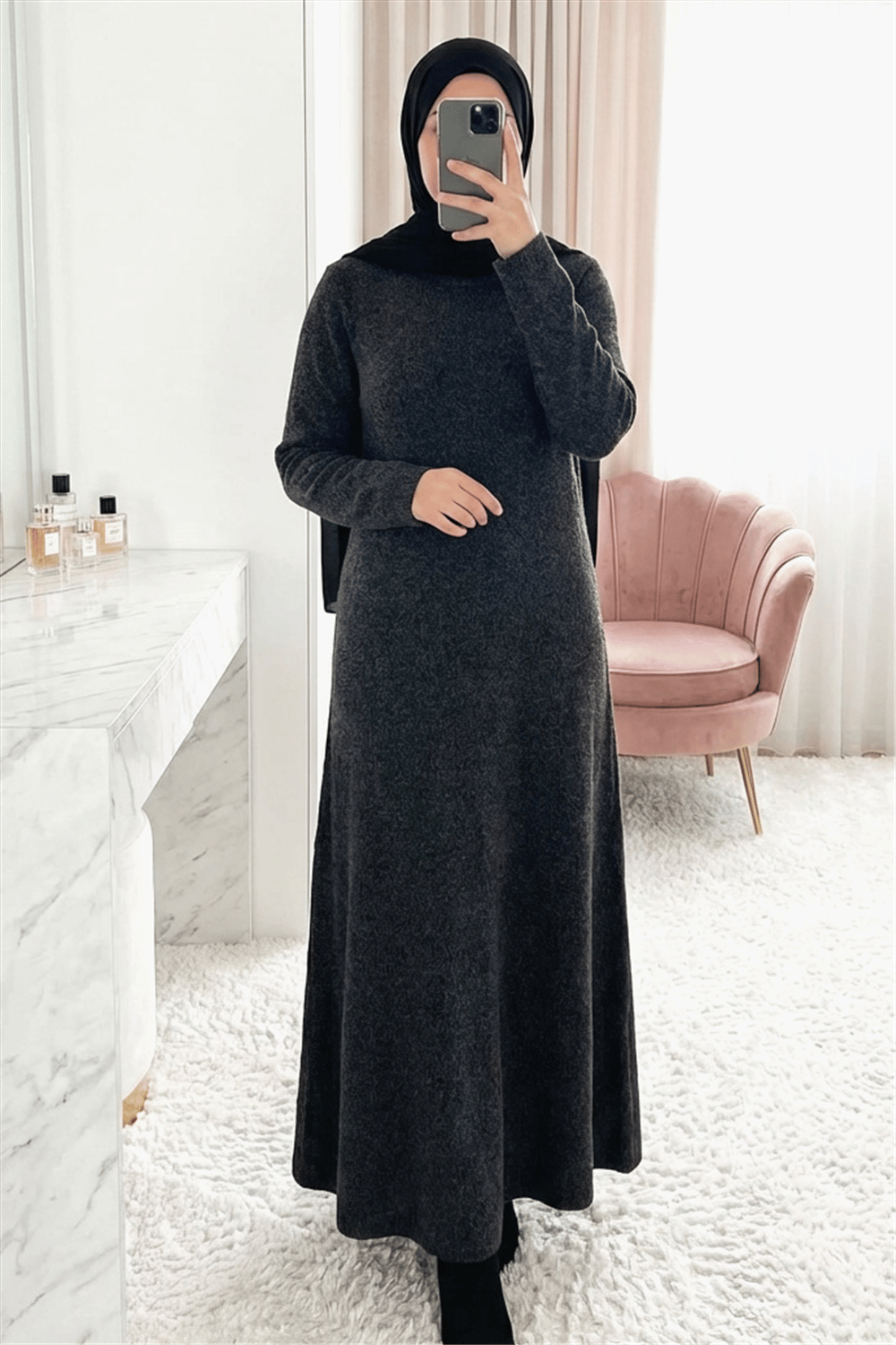 Bisiklet Yaka Beli Oturtmalı Yumoş Triko Elbise   -Siyah-Elbise-109-0959-R01
