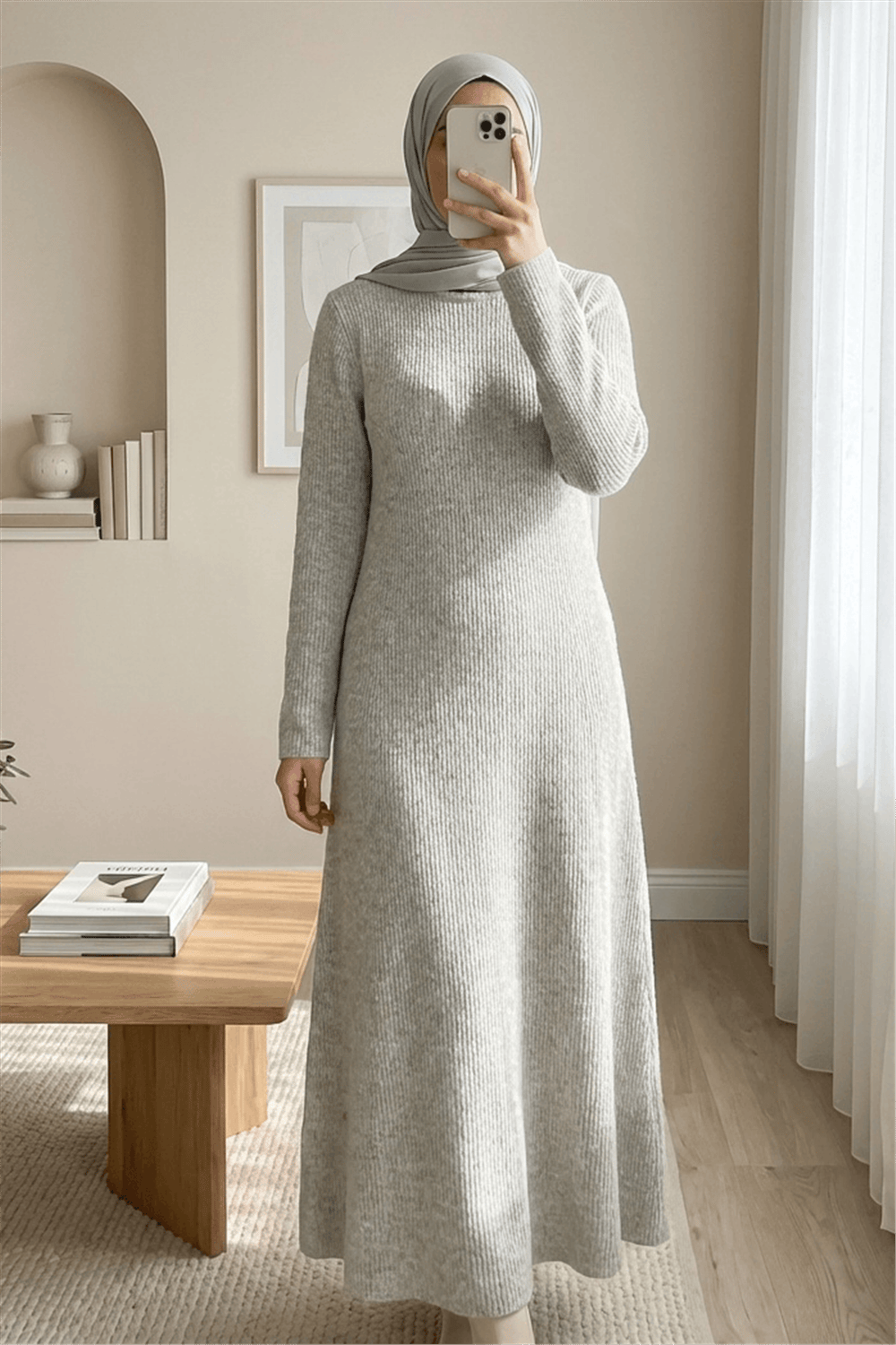 Bisiklet Yaka Beli Oturtmalı Yumoş Triko Elbise -Bej-Elbise-109-0959-R56