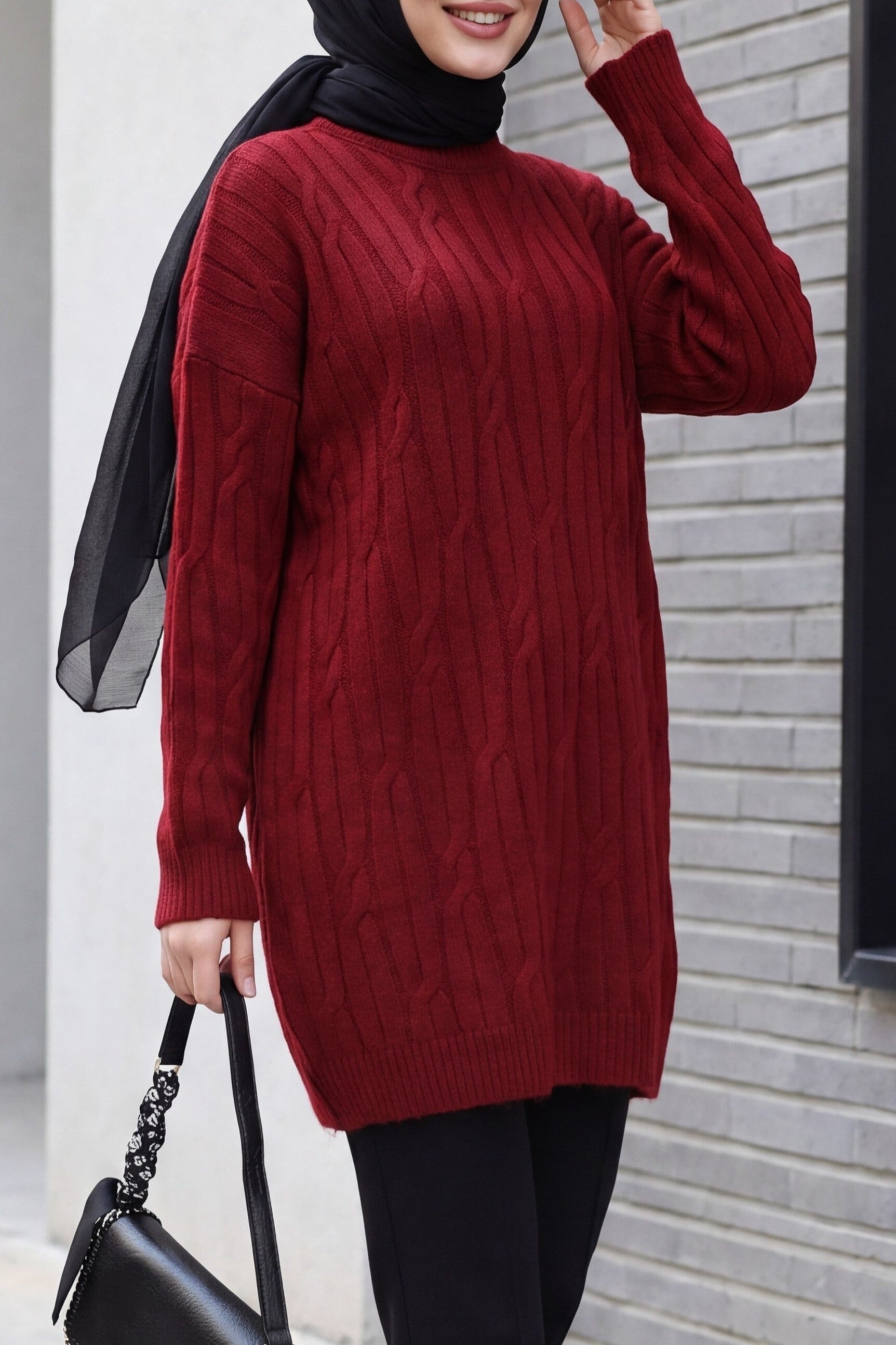 Bisiklet Yaka Desenli Triko Tunik  -Bordo
