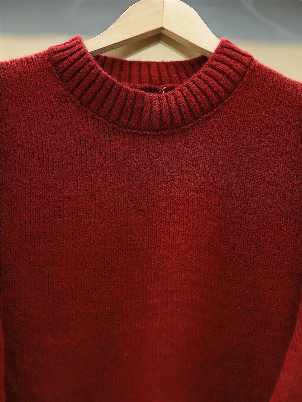 Bisiklet Yaka Eteği Fitilli Salaş Triko Kazak -Bordo-109-0822-R04