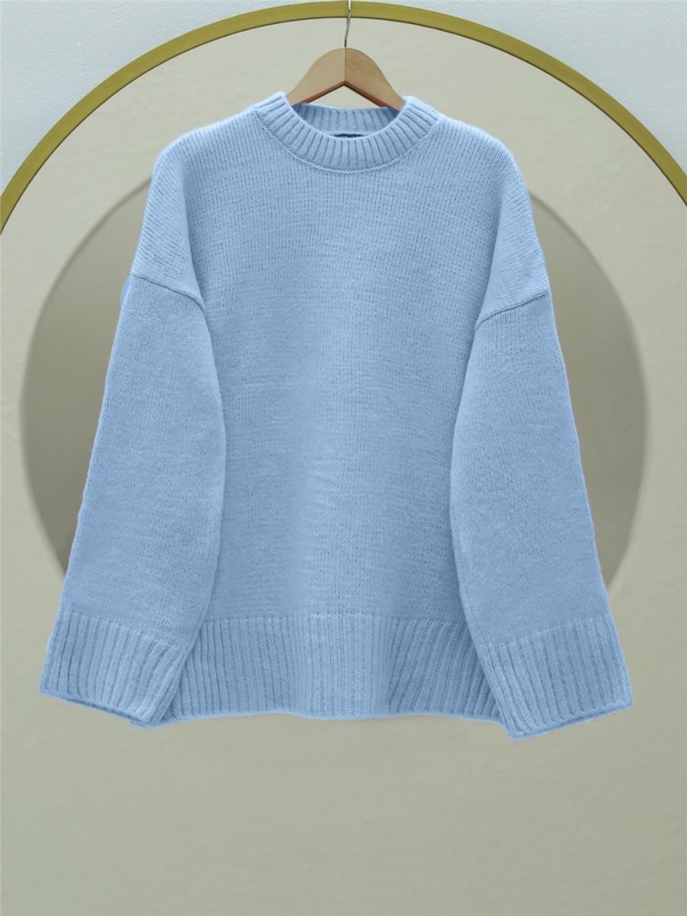 Bisiklet Yaka Eteği Fitilli Salaş Triko Kazak  -Bebe Mavi-109-0822-R32