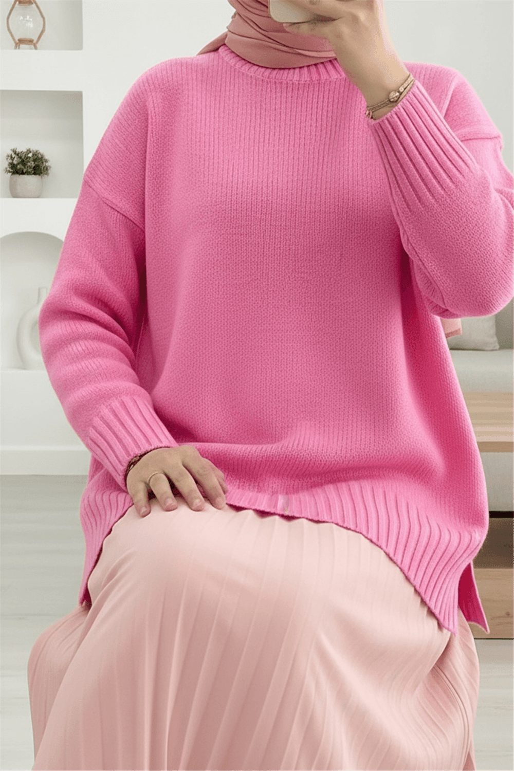 Bisiklet Yaka Eteği Fitilli Salaş Triko Kazak  -Pembe-Kazak-109-0822-R20