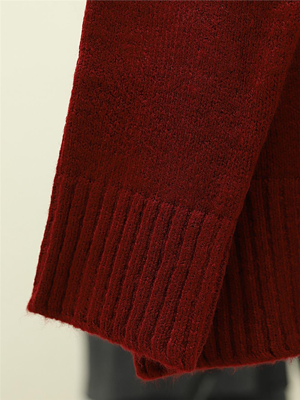 Bisiklet Yaka Eteği Fitilli Salaş Triko Kazak -Bordo-109-0822-R04