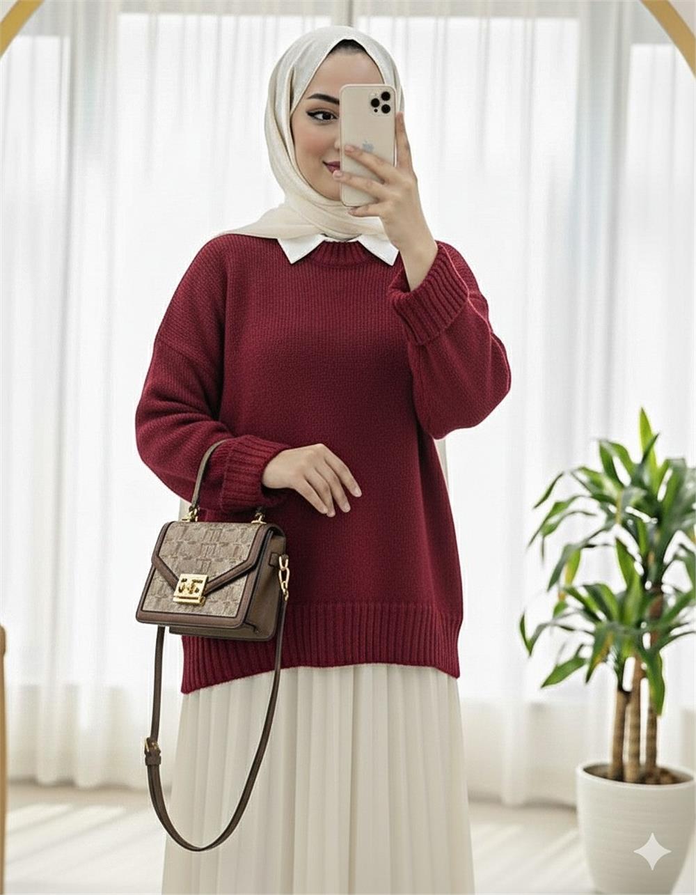 Bisiklet Yaka Eteği Fitilli Salaş Triko Kazak -Bordo-109-0822-R04