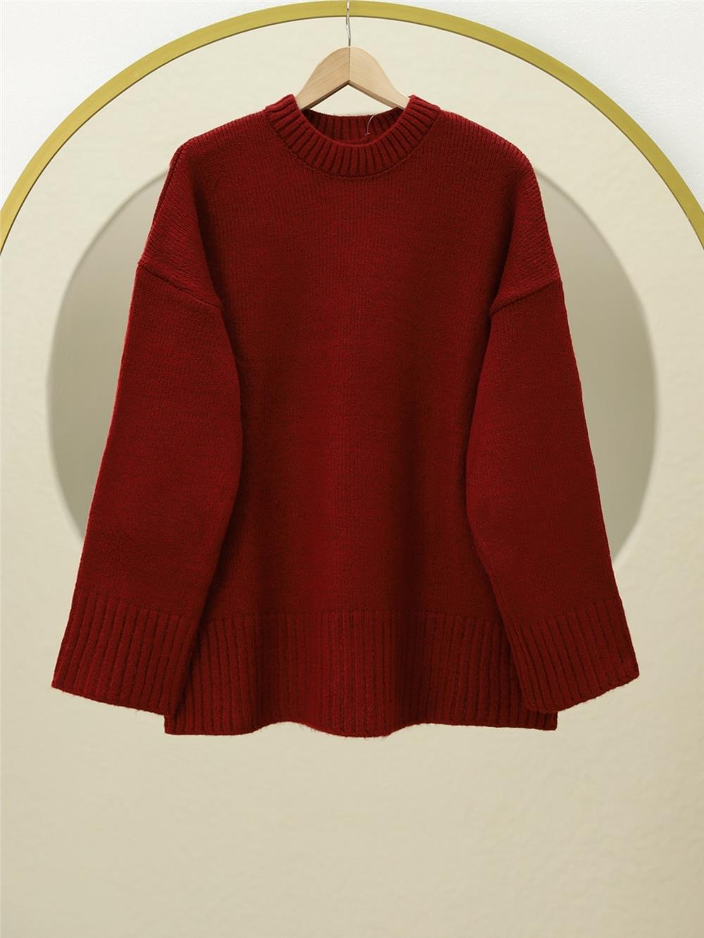 Bisiklet Yaka Eteği Fitilli Salaş Triko Kazak -Bordo-109-0822-R04