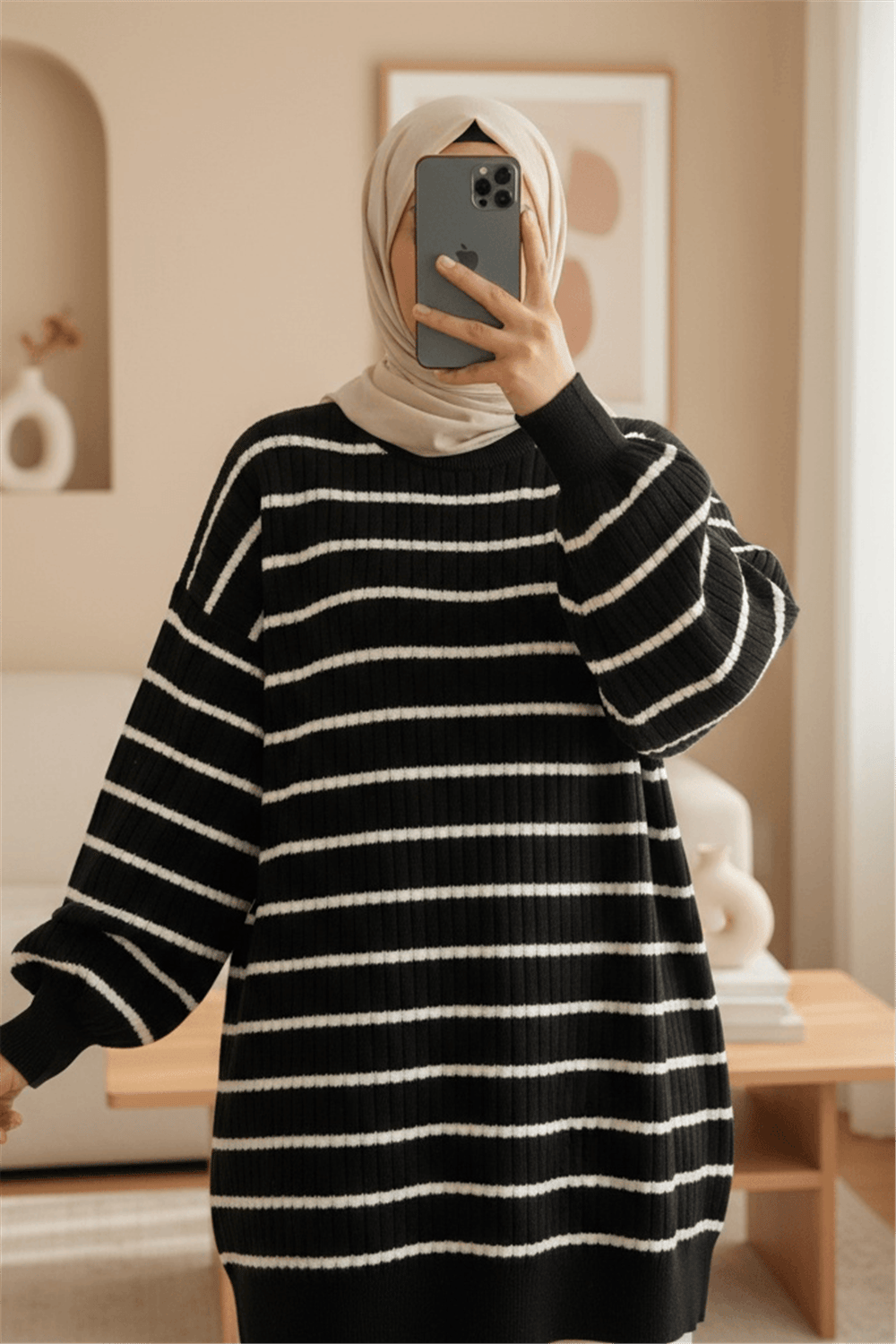 Bisiklet Yaka Fitilli Triko Tunik -Siyah-Triko Tunik-109-1049-R01