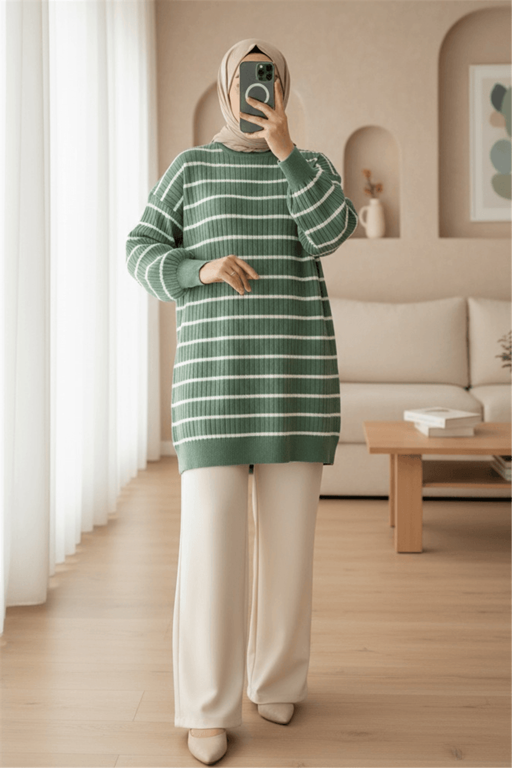 Bisiklet Yaka Fitilli Triko Tunik    -Su Yeşili-Triko Tunik-109-1049-R36