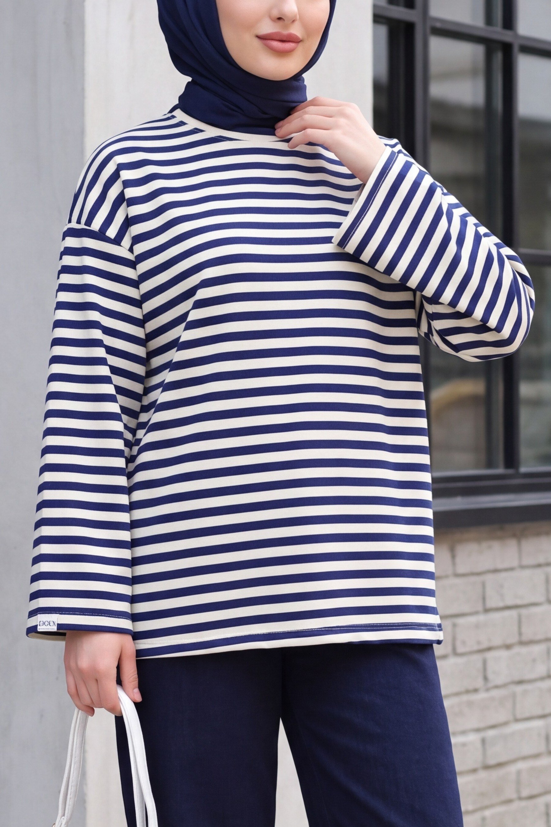 Bisiklet Yaka Kalın Çizgili Likralı Oversize Sweat -Lacivert