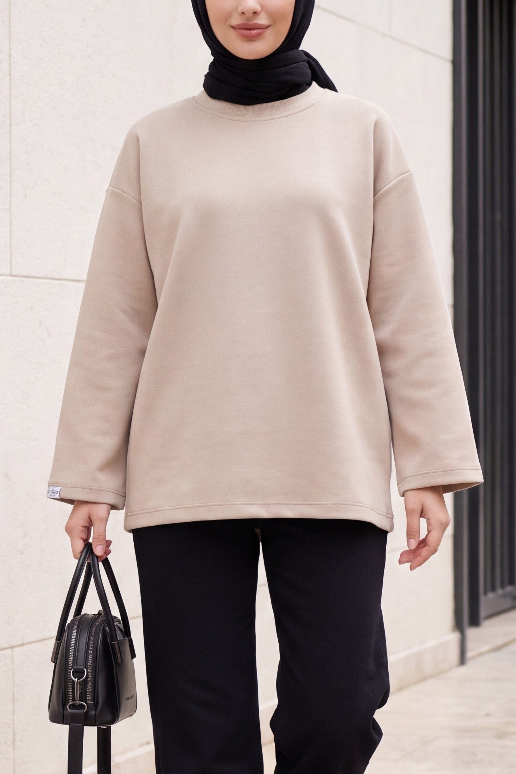 Bisiklet Yaka Oversize Likralı Sweat  -Taş rengi