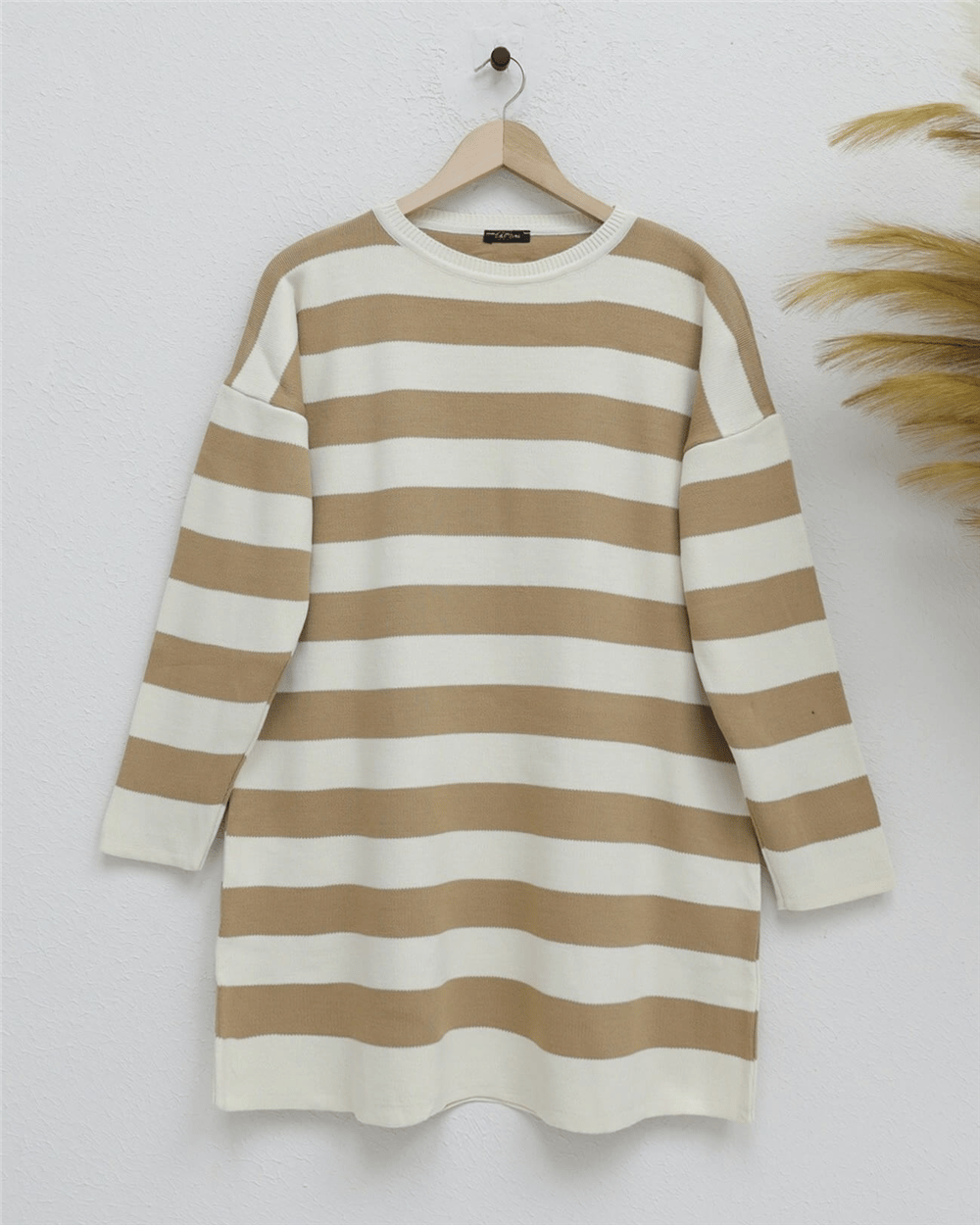 Bisiklet Yaka Yan Çizgili Triko Tunik -Vizon-Triko Tunik-357-6095-R23