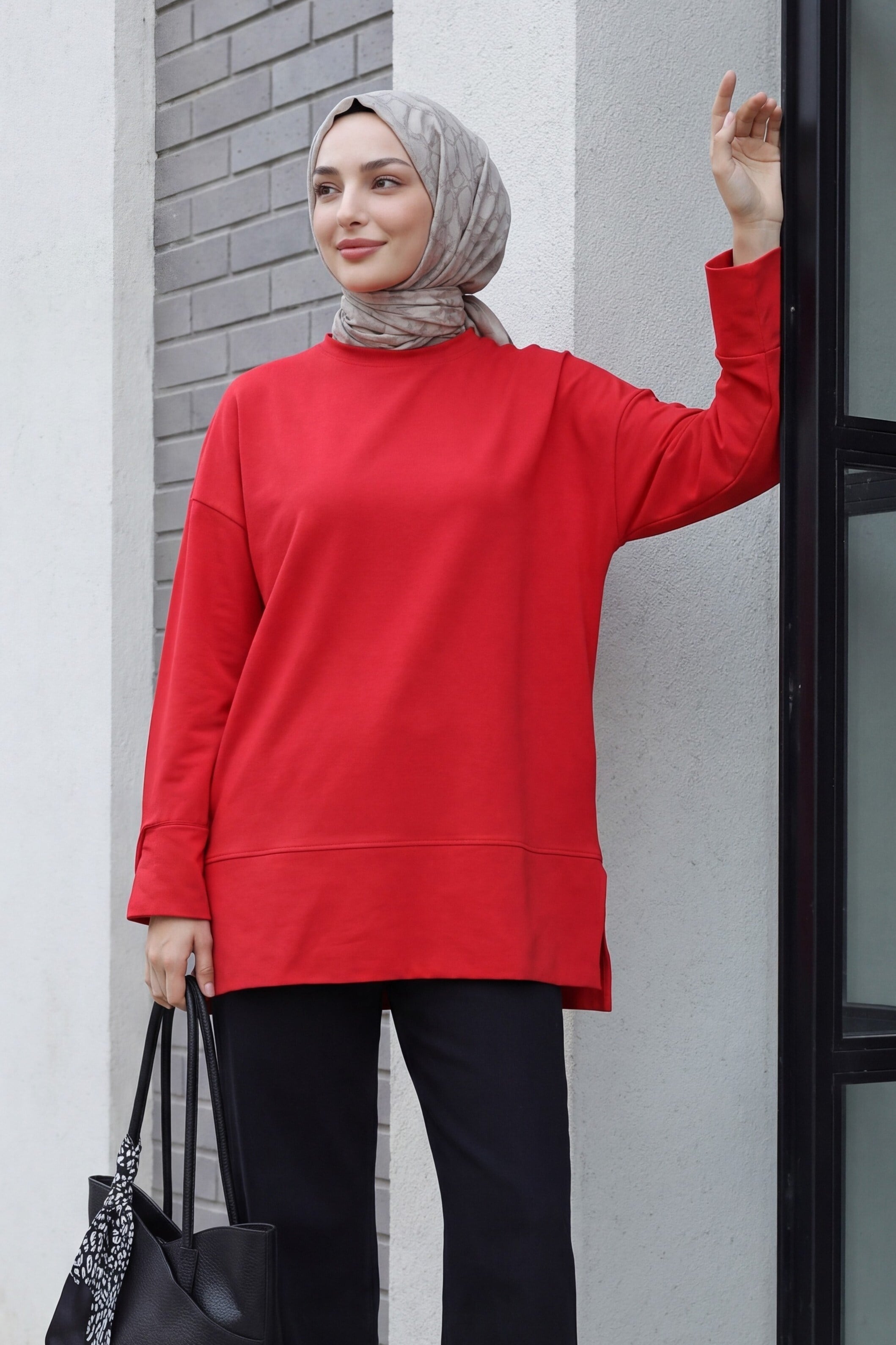 Bisiklet Yaka Yırtmaçlı Oversize Penye Tunik  -Kırmızı