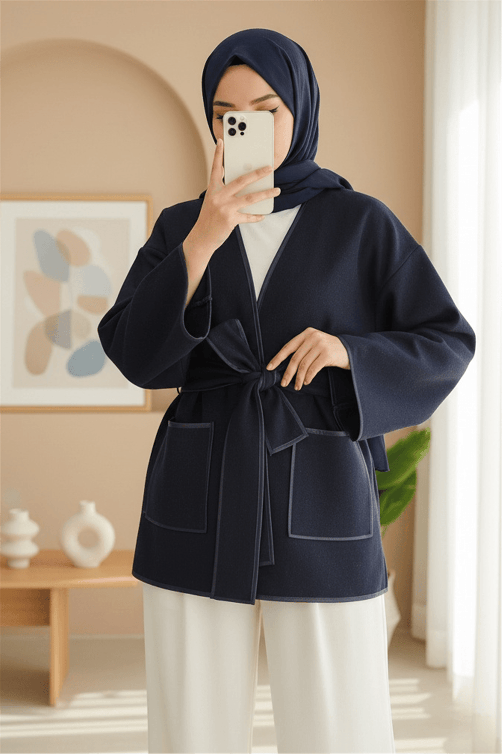 Biye Detaylı Çift Cepli Kuşaklı Kaşe Kimono -Laci-Kimono & Kaftan-253-13095-R03