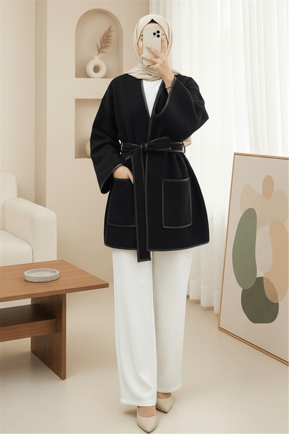 Biye Detaylı Çift Cepli Kuşaklı Kaşe Kimono -Siyah-Kimono & Kaftan-253-13095-R01
