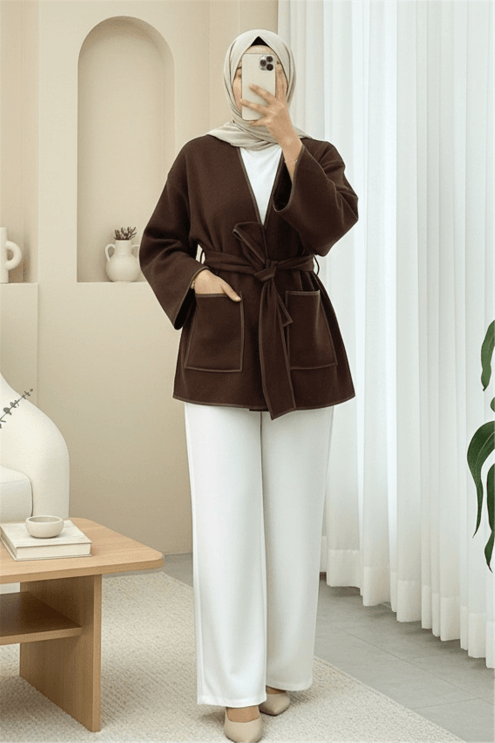 Biye Detaylı Çift Cepli Kuşaklı Kaşe Kimono -Kahve-Kimono & Kaftan-253-13095-R15