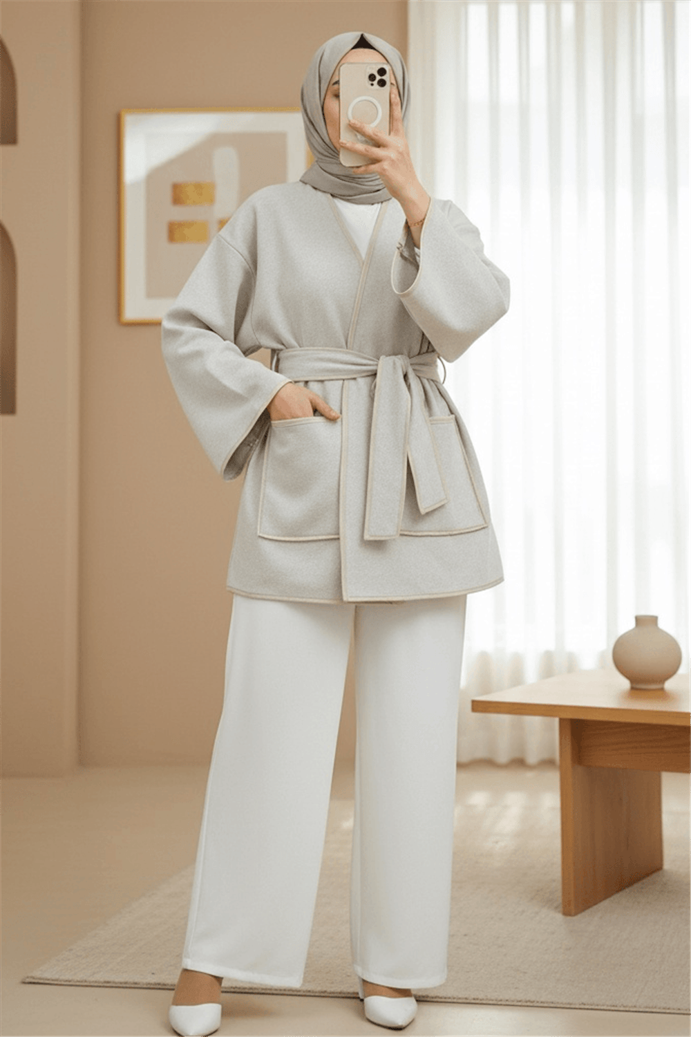 Biye Detaylı Çift Cepli Kuşaklı Kaşe Kimono -Bej-Kimono & Kaftan-253-13095-R56