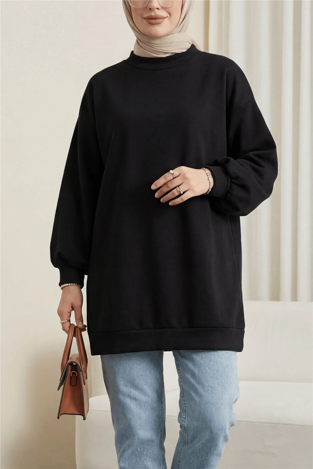Boğazlı Üç İplik Polar -Siyah-Sweatshirt-104-2915-R01