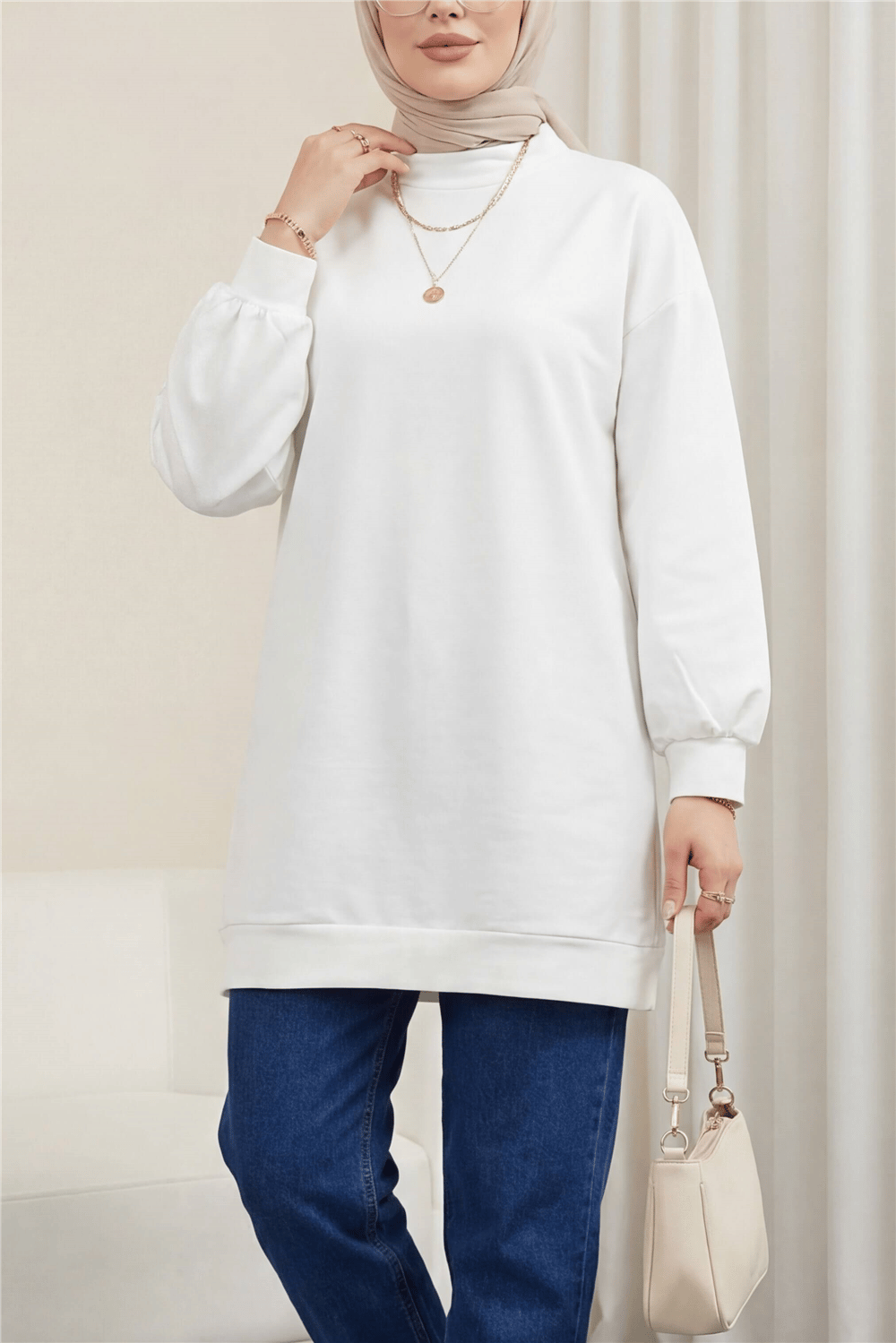 Boğazlı Üç İplik Sweat -Beyaz-Sweatshirt-104-2915-R02
