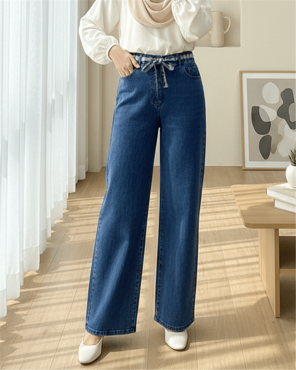 Bol Paça Beli Kuşaklı Fermuarlı Kot Pantolon -Koyu Mavi-Pantolon-417-13487-R26