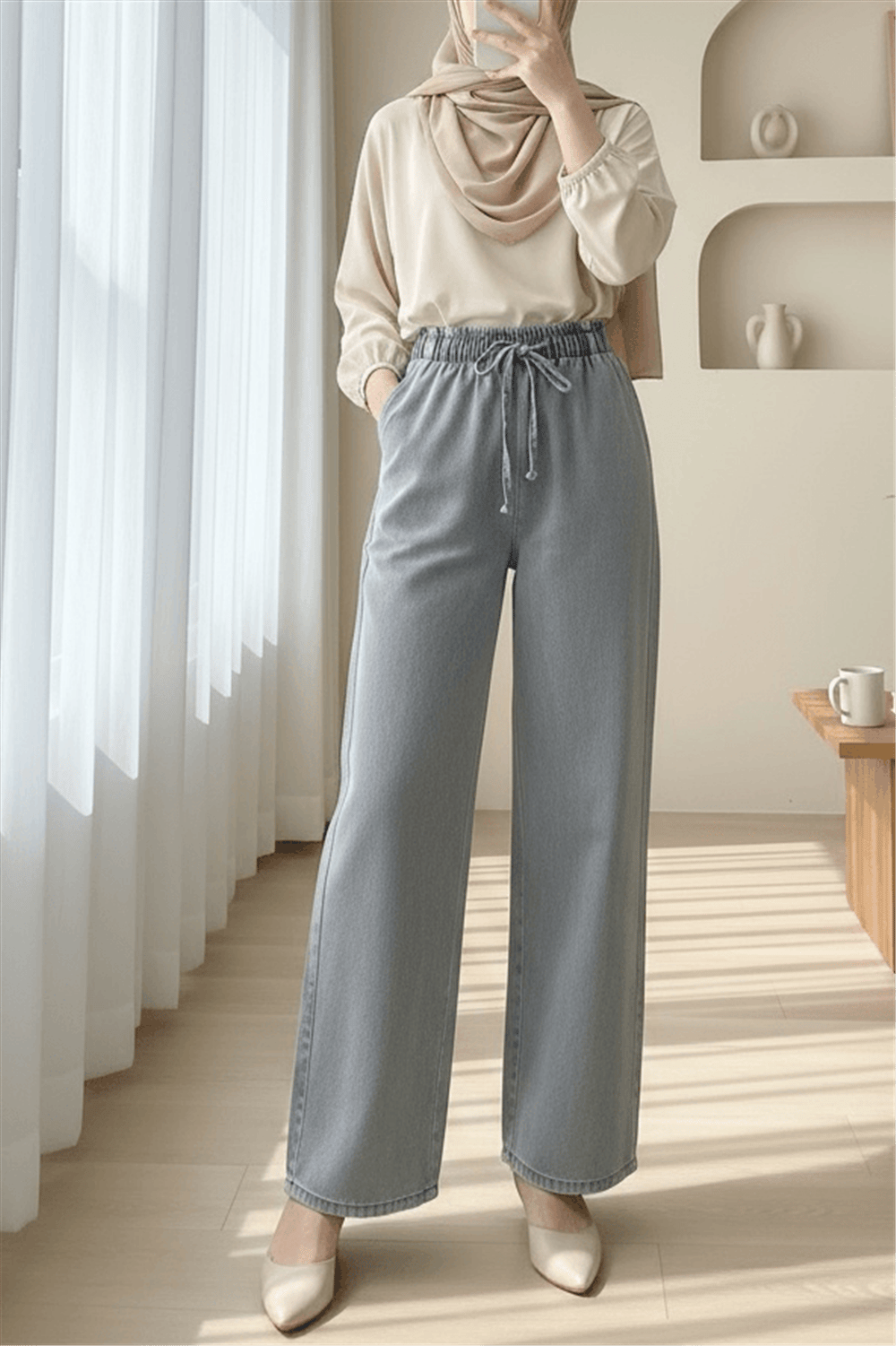 Bol Paça Beli Lastikli Bağcık Detaylı Kot Pantolon   -Gri-Kot Pantolon-136-10012-R11