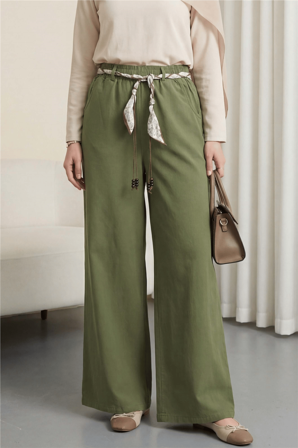 Bol Paça Beli Lastikli Kemerli Cepli Keten Pantolon  -Haki-Pantolon-306-0045-R05