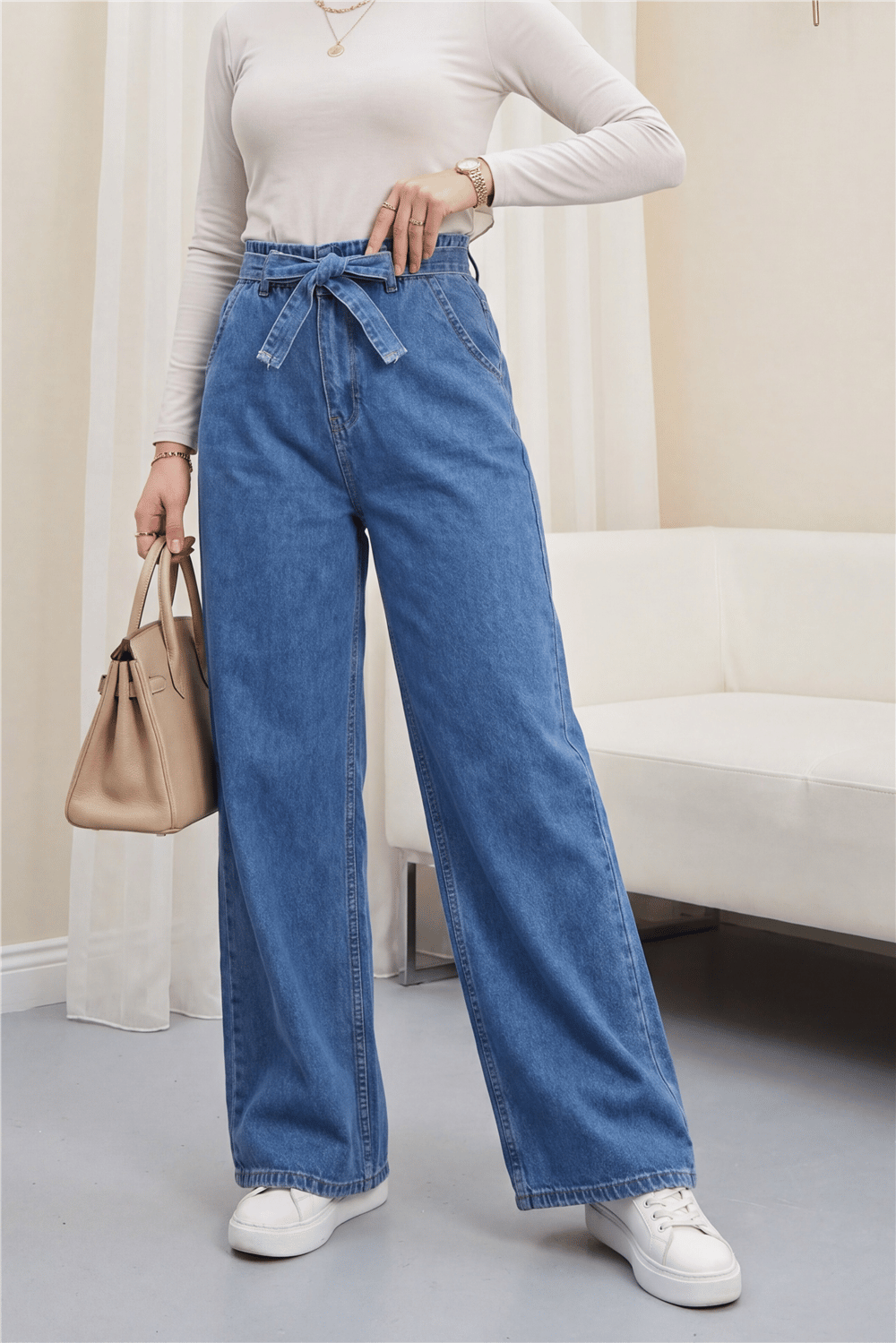 Bol Paça Beli Lastikli Kuşaklı Kot Pantolon -Koyu Mavi-Kot Pantolon-136-2407-R26