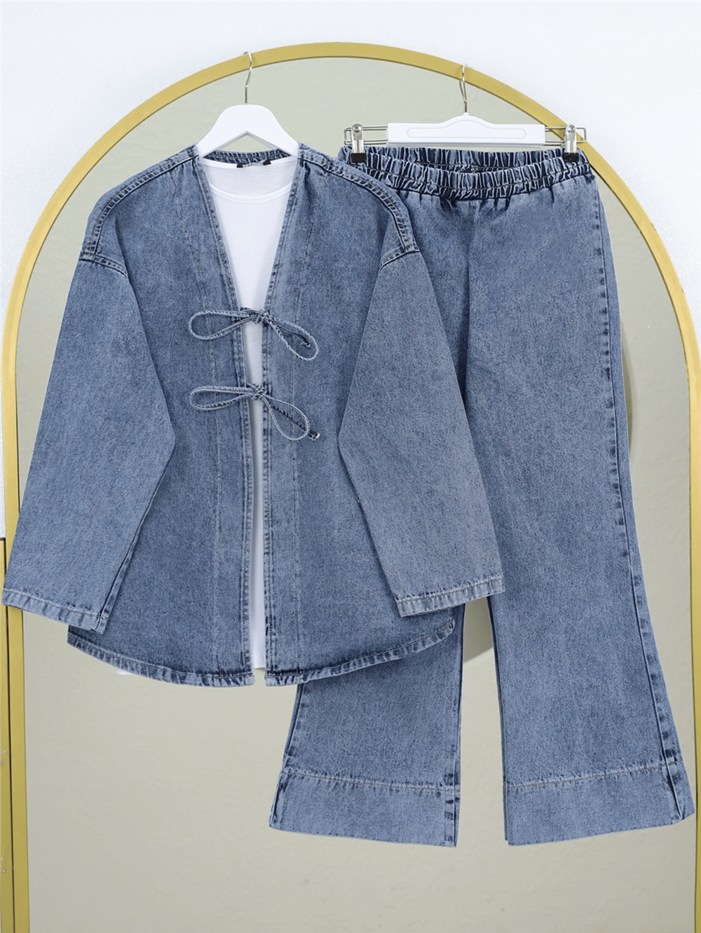 Bol Paça Pantolonlu Önü Bağlamalı Kot Kimono Takım -Buz Mavi-Takım-414-5520-R37